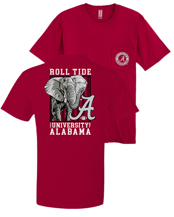 Red Bama t-shirt featuring elephant mascot and script A